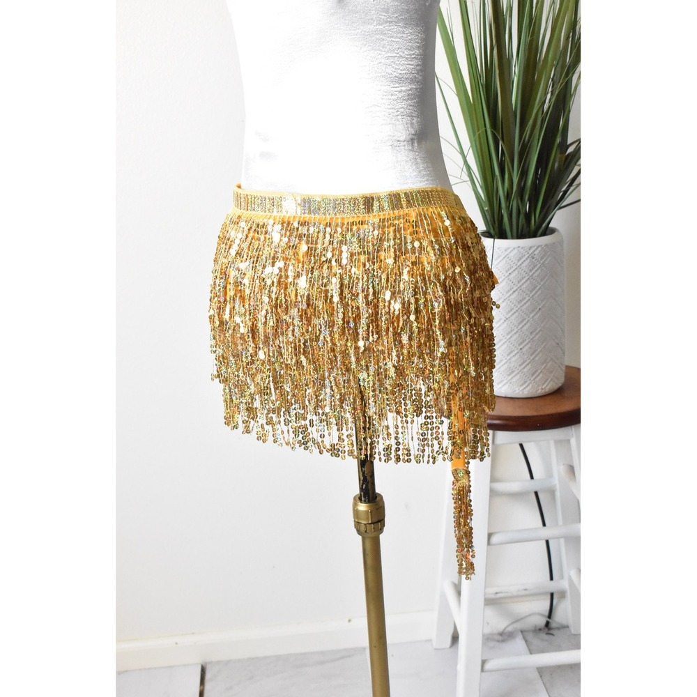 Sequin Hip Scarf Women One Size Gold Yellow Vintage Dance Wrap Skirt - Picture 7 of 10